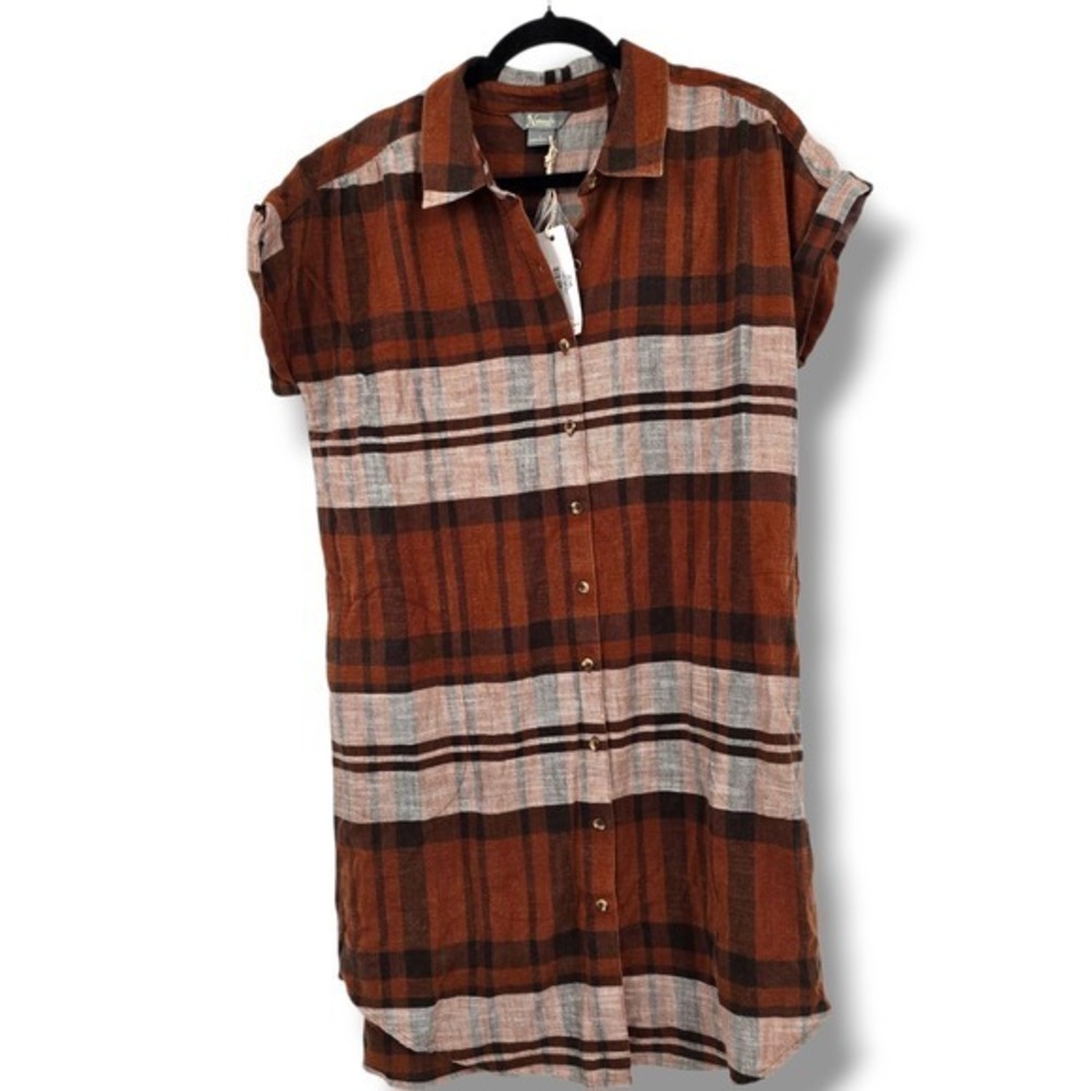 New Natural Reflections Plaid Dress Tortoise Shell Button Down‎ Short Sleeve L